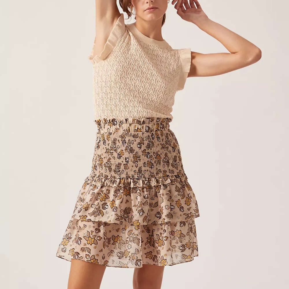 Anthropologie Current Air Ruffle Knit Floral Crewneck Mini Sweater Dress